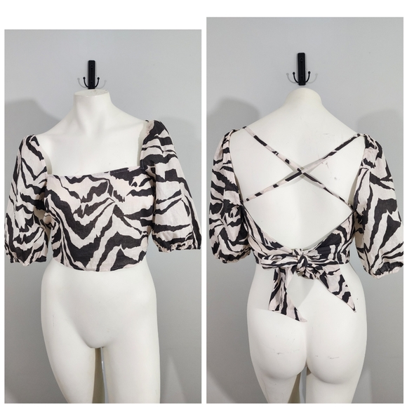 Halara Zebra Print Linen Blend Puff Sleeve Tie Back Crop Top womens Medium NWT - Picture 1 of 11